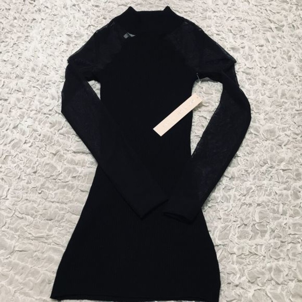 Crave Fame black knit ribbed top mock neck mesh long sleeve top size XS